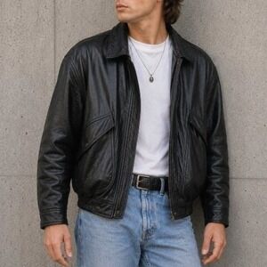 VTG Collezione 1980s Black Distressed Buttery Soft Leather Bomber Jacket 40